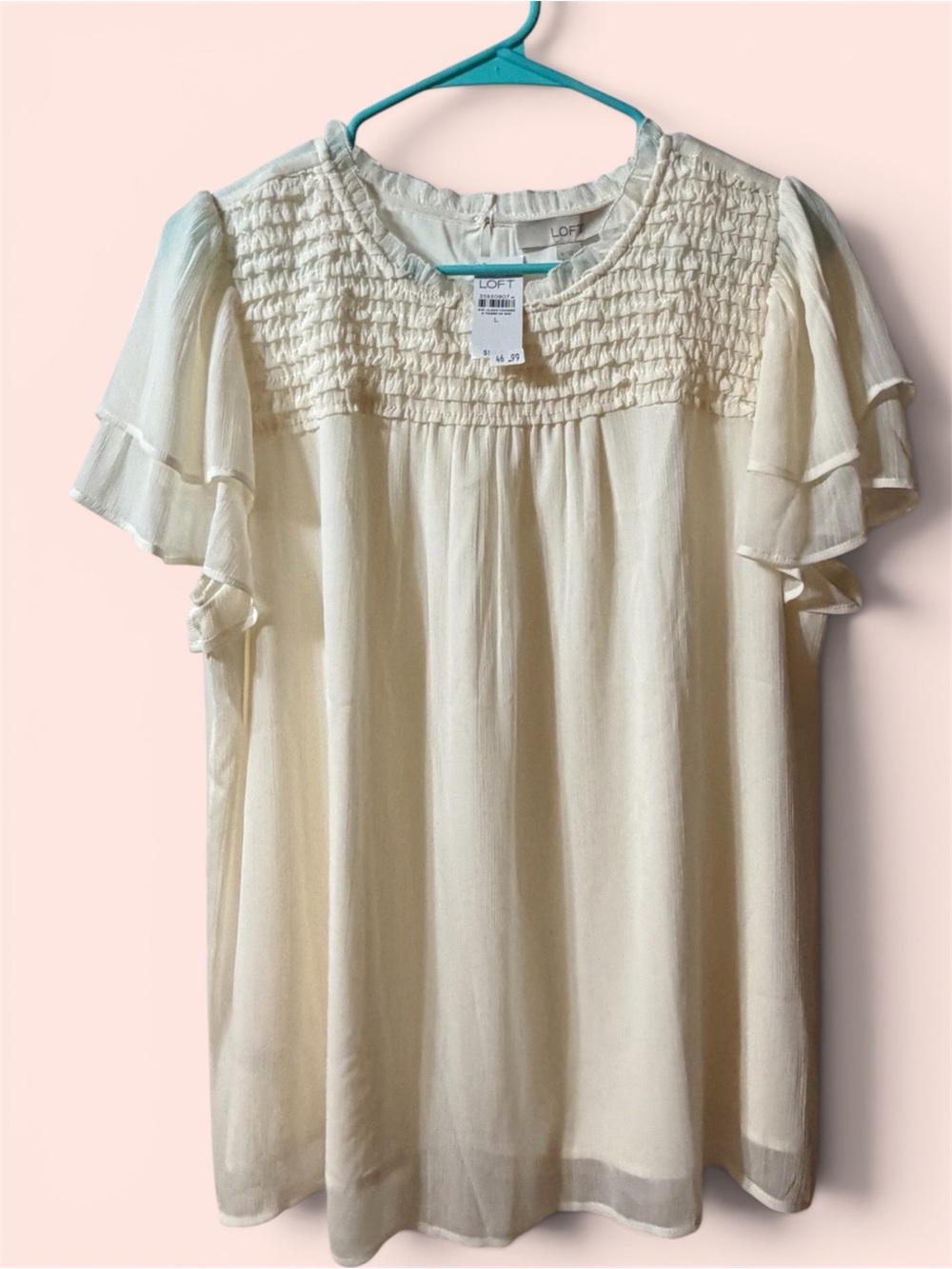 LOFT Cream Smocked Yoke Flutter Sleeve Top